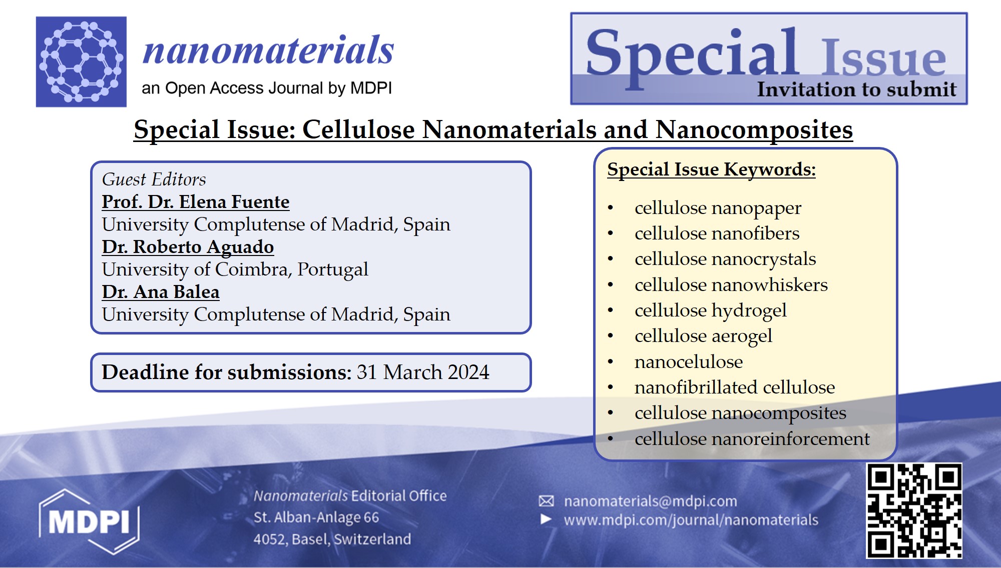  Special Issue "Cellulose Nanomaterials and Nanocomposites" en Nanomaterials